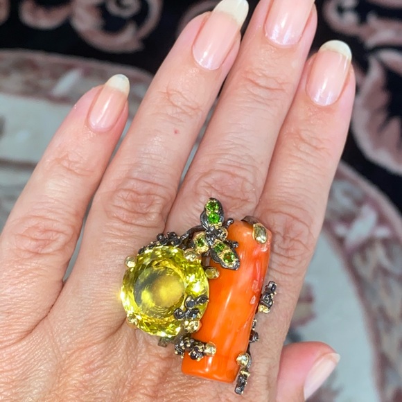 Masterpiece Genuine Lemon Quartz Coral Ring with Gems - Picture 7 of 9